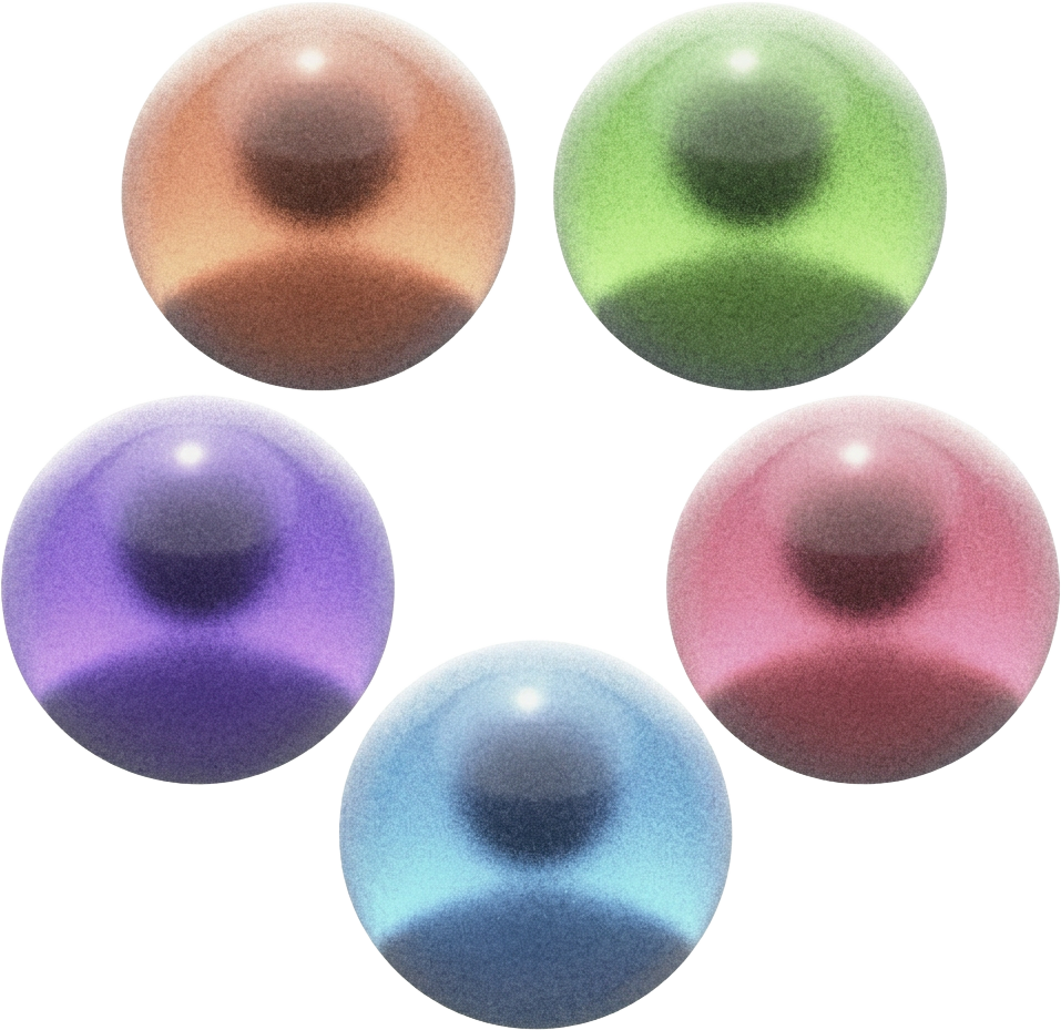 Five glossy peach, lime, violet, pink and cyan eyeball creatures floating together